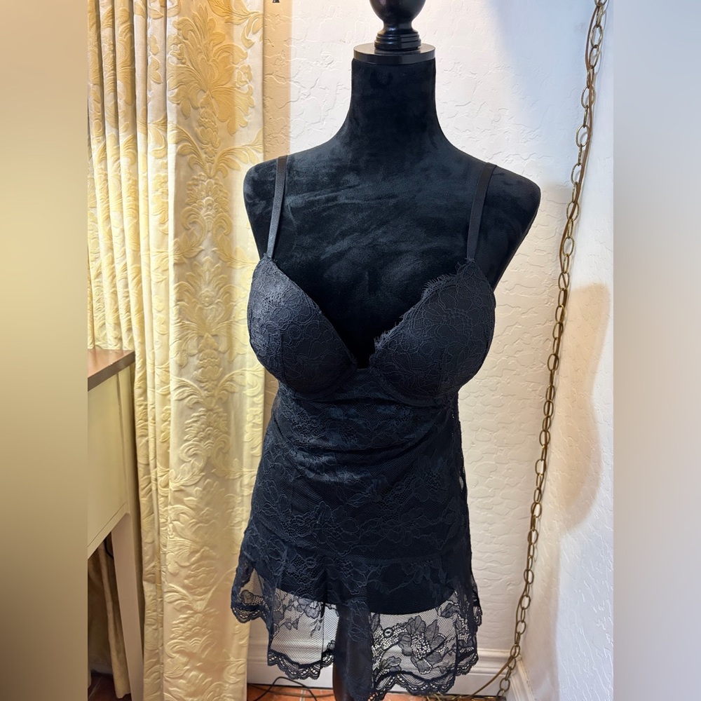 Victoria’s Secret Black Floral Lace Babydoll Slip Dress Lingerie Chemise Size L